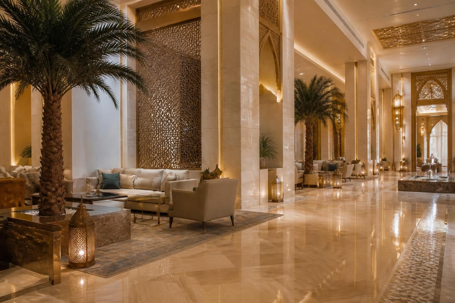 Luxury hotel lobby with Arabic geometric details